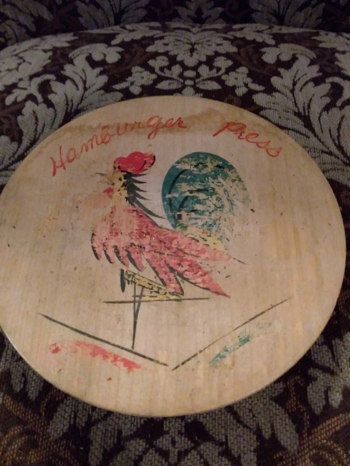 Vintage Round Wooden Hamburger Press Handpainted Fighting Roosters gallery
