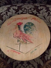 Vintage Round Wooden Hamburger Press Handpainted Fighting Roosters