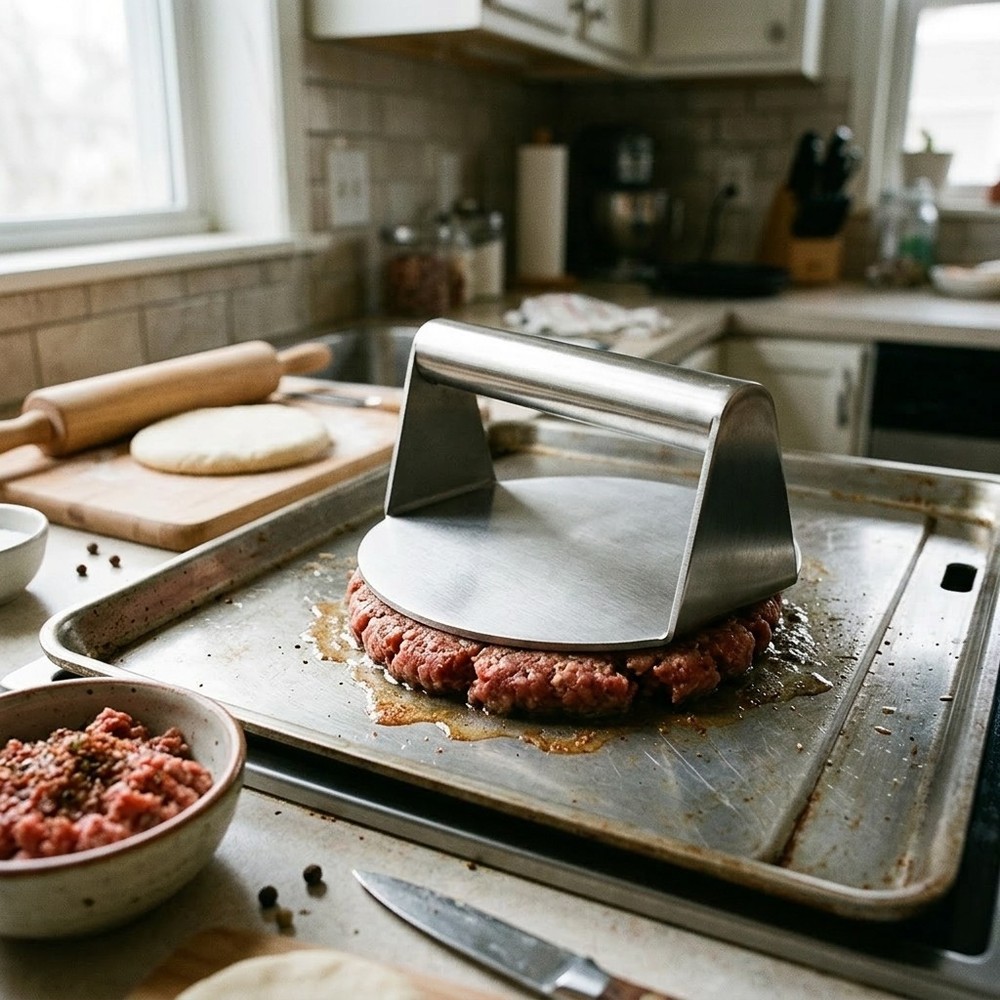 Stainless Steel Flat Burger Press - For Evenly Cooked Patties