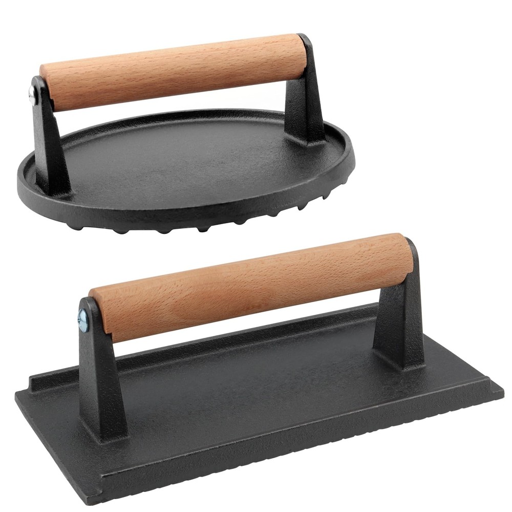 2 Pack Cast Iron Grill Press 6.8 Inch Round and 8 Inch Rectangle Heavy Weight
