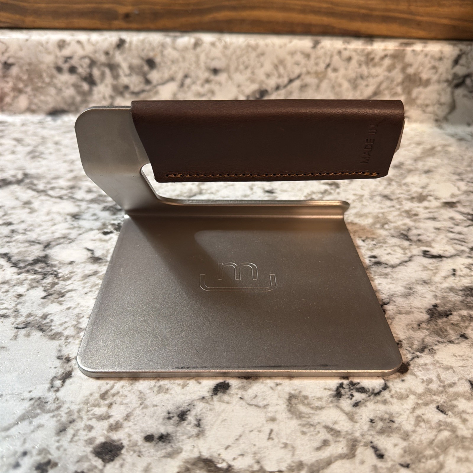 Made In 5.5” Metal Grill Press, Stainless Steel w/ Brown Leather Handle gallery