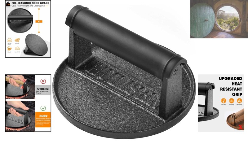 Heavy Duty 6” Pre-Seasoned Cast Iron Burger Press with Heat Resistant Handle gallery