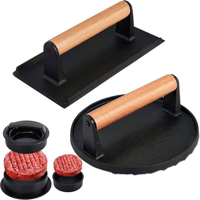3PCS Smash Burger Press Round & Rectangle Cast Iron Grill Hamburger Patty Maker