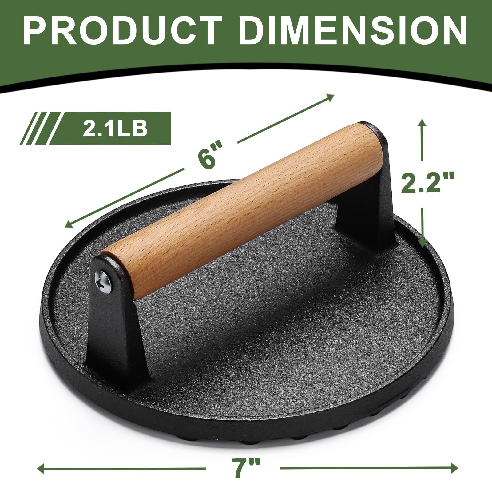 Burger Press 7 round HeavyDuty Cast Iron Smash Bacon Press Meat Steak with Wo gallery