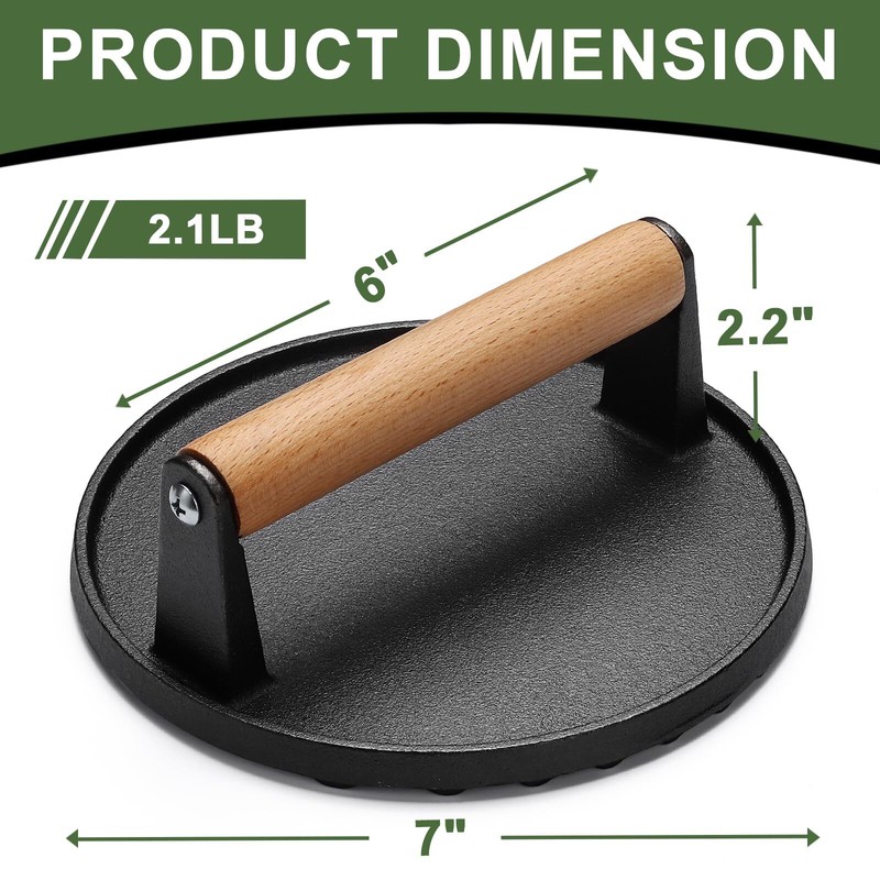 Burger Press 7 round HeavyDuty Cast Iron Smash Bacon Press Meat Steak with Wo gallery