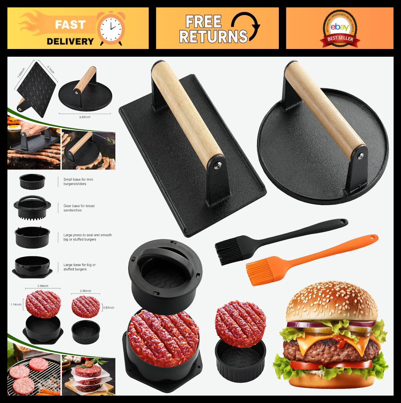 4-in-1 Smash Burger Press Kit - Non-Stick Stuffed Burger Mold & Cast Iron Presse gallery