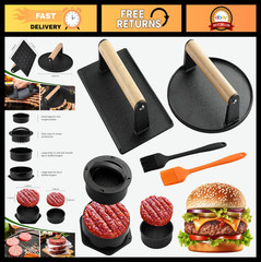 4-in-1 Smash Burger Press Kit – Non-Stick Stuffed Burger Mold & Cast Iron Presse