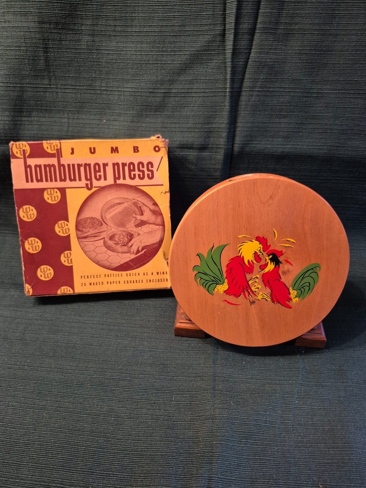 Vintage Fighting Roosters Hamburger Press Wood Hinged MCM Folk Art Kitchen Decor gallery