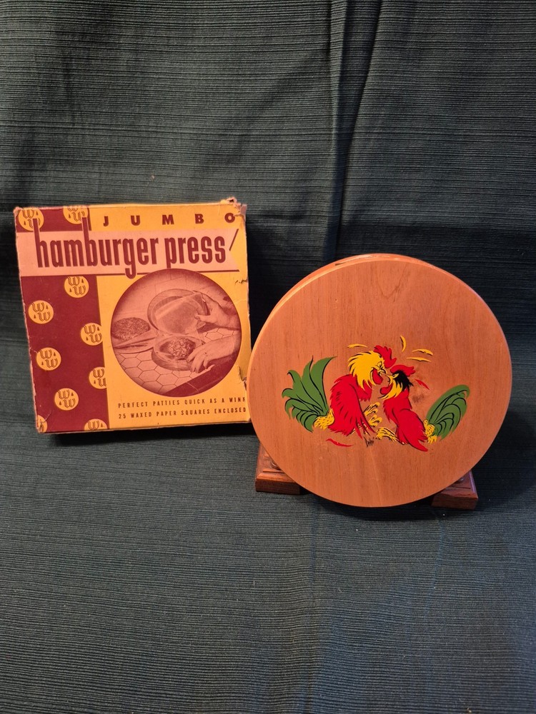 Vintage Fighting Roosters Hamburger Press Wood Hinged MCM Folk Art Kitchen Decor