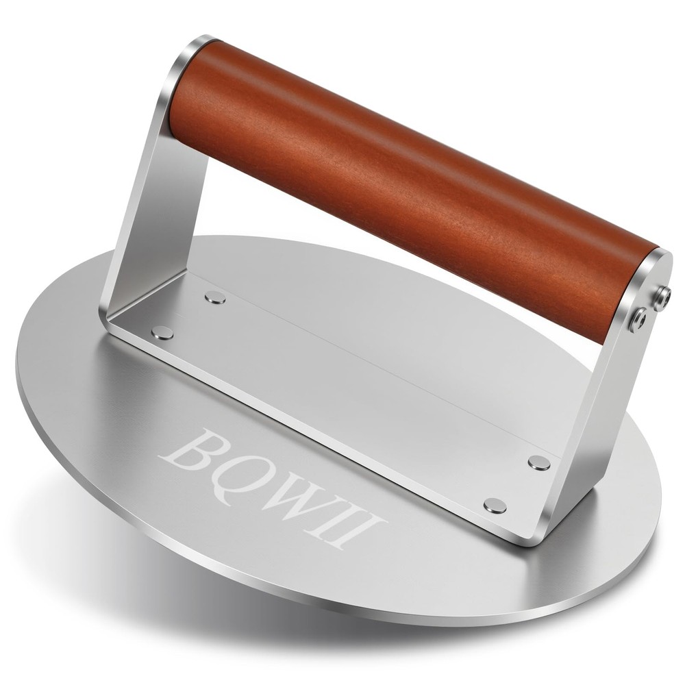 Burger Press Round Stainless Steel Meat Patty Maker Wood Handle 6.3 Inch