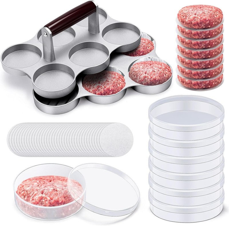 Mini Burger Press with 200 Patty Papers and 6 Storage Containers 6 Slots Set gallery