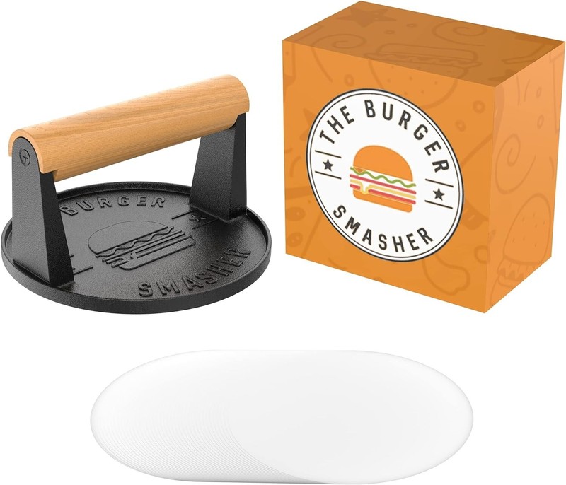 Pre Seasoned Heavy Duty Cast Iron Burger Press - Smash Burger Press Kit, Gril... gallery