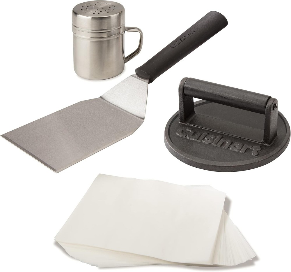 Smash Burger Kit, Cast Iron Press, Spatula, Seasoning Shaker and Patty Papers