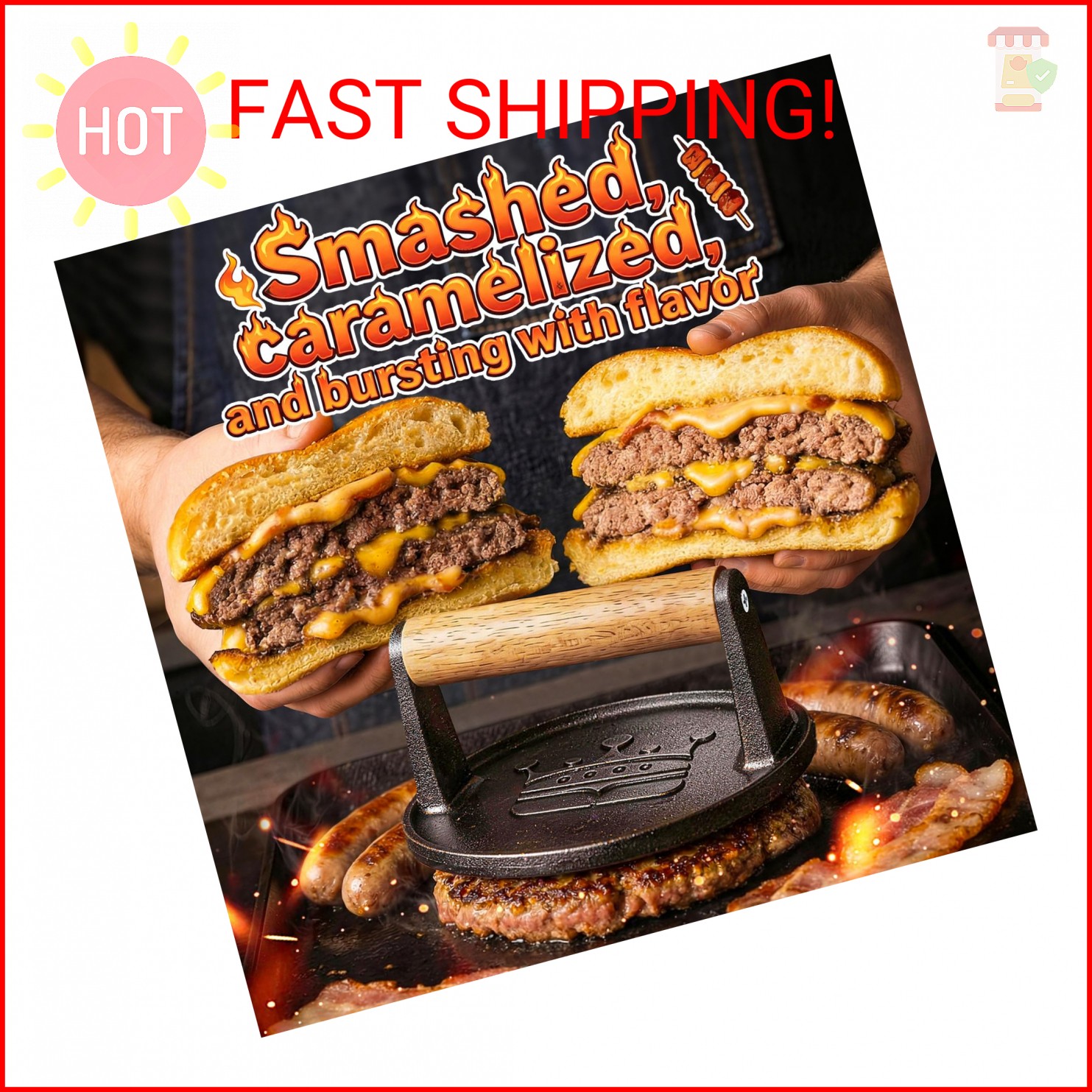 Smash Burger Press 6.5”,Cast Iron Flat Round Edge Grill/Bacon/Meat/Hamburger/Che gallery