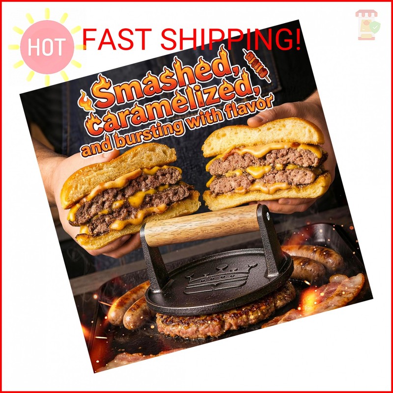 Smash Burger Press 6.5”,Cast Iron Flat Round Edge Grill/Bacon/Meat/Hamburger/Che gallery