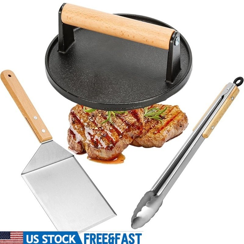 Cast Iron Burger Press Kit W/ Stainless Steel Tongs Spatula BBQ Grill Tools New