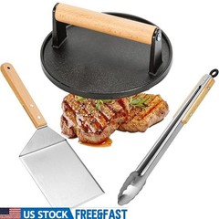 Cast Iron Burger Press Kit W/ Stainless Steel Tongs Spatula BBQ Grill Tools New