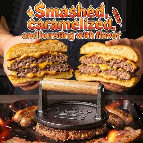 6.5” Cast Iron Burger Press - Flat Round Grill Meat Smasher with Wood Handle, No gallery