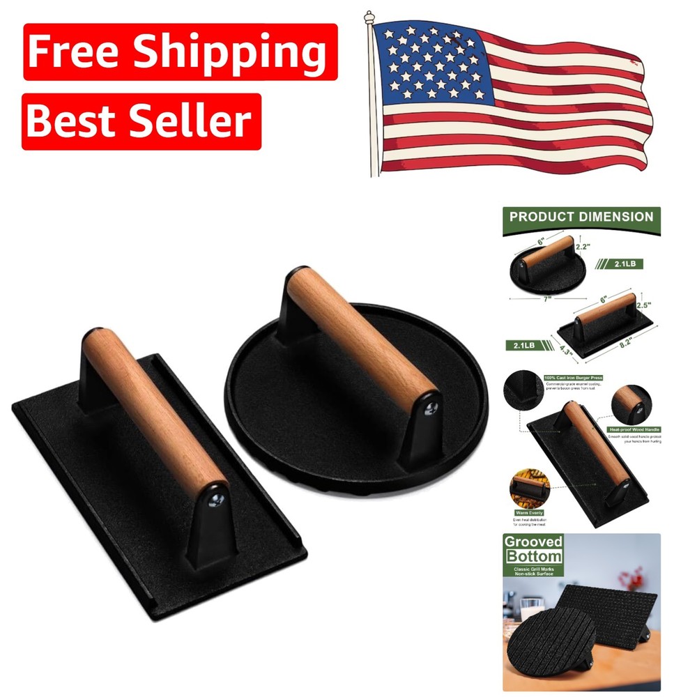 Professional Quality Cast Iron Grill Press - Round & Rectangle for Juicy Meats