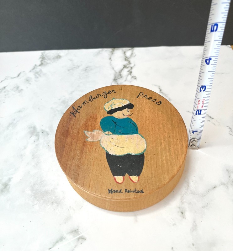 Vintage Mid- 20th Century Hand-painted Wooden Hamburger Press gallery