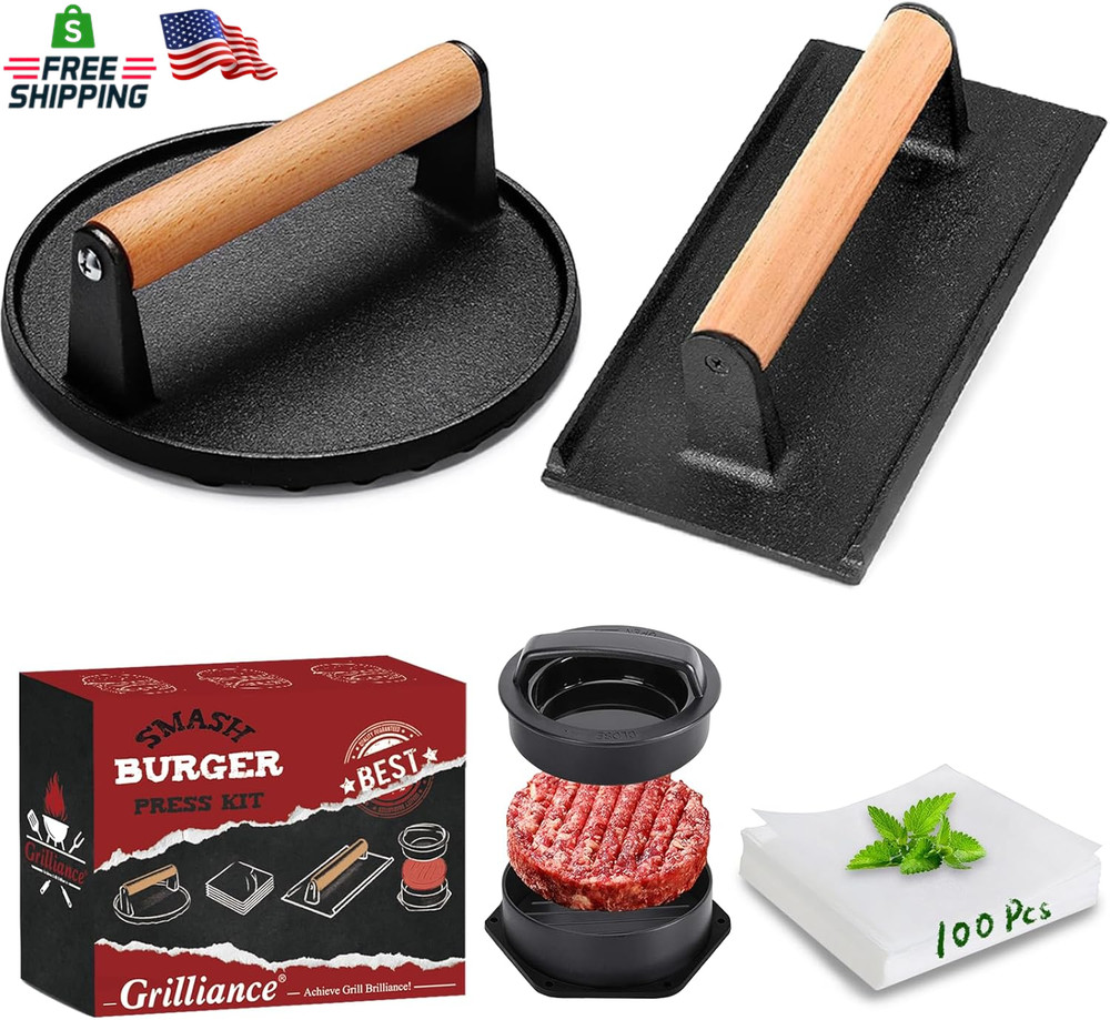5Pcs Smash Burger Press Kit, 3 in 1 Hamburger Press Patty Maker, Cast Iron Burge