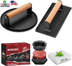5Pcs Smash Burger Press Kit, 3 in 1 Hamburger Press Patty Maker, Cast Iron Burge