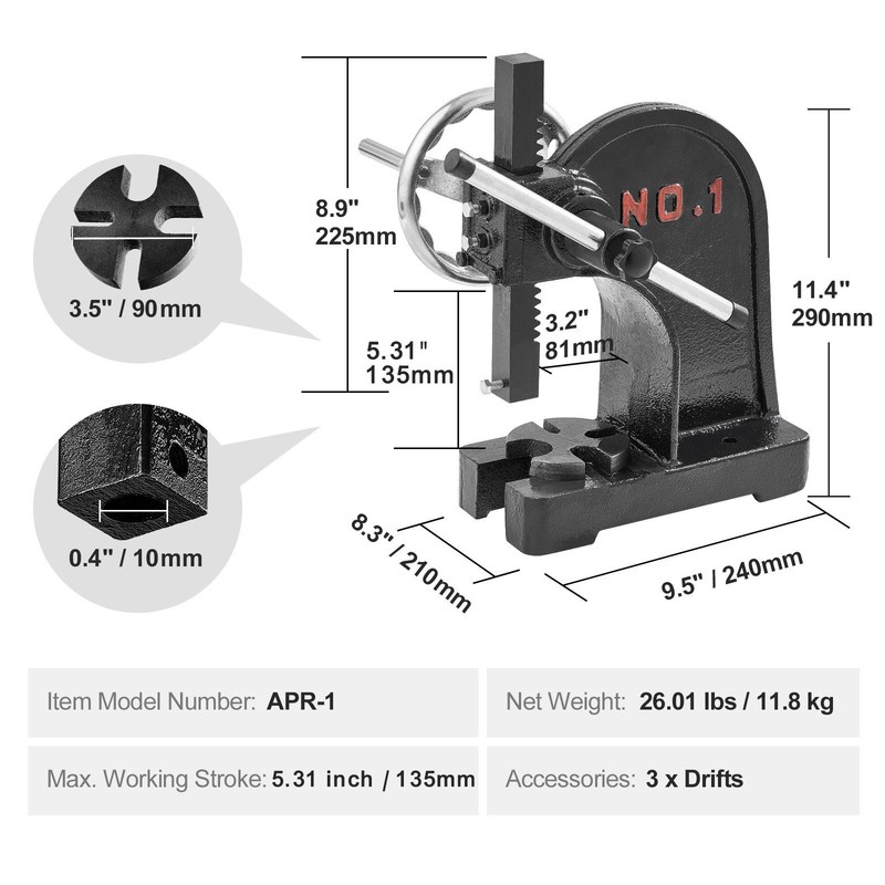 Arbor Press, 1 Ton Manual Arbor Press with Handwheel, 5.9" Maximum Height, Cast gallery