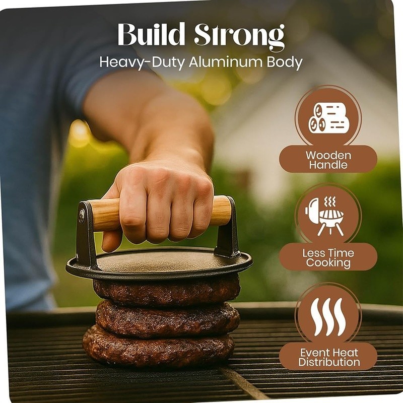 3-in-1 Cast Iron Burger Press Tool Set Spatula Patty Maker Gift Box BBQ Griddle gallery