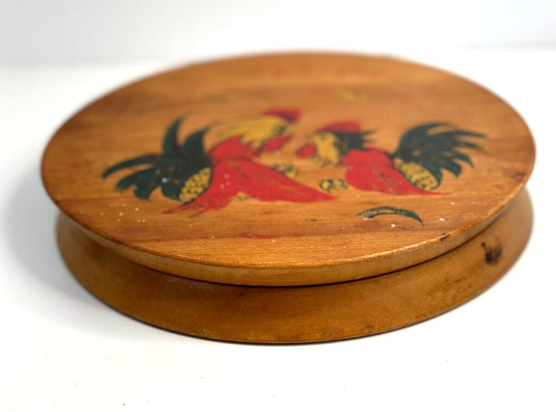Vintage Japanese BURGER PRESS Hand Painted Hinged Wooden Red Green Roosters gallery