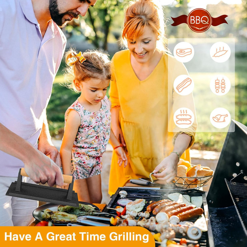 Cast Iron Grill Press-1PCS, Heavy Duty Bacon/Burger/Griddle/Chef Press with Wood gallery