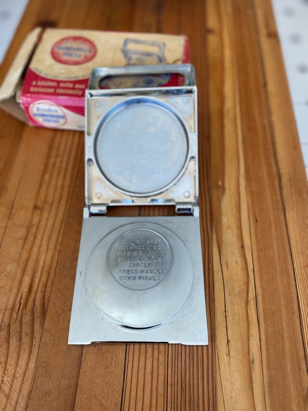 Vintage Foodco Hamburger Press in Original Box Die Cast Aluminum Kitchen Quip gallery