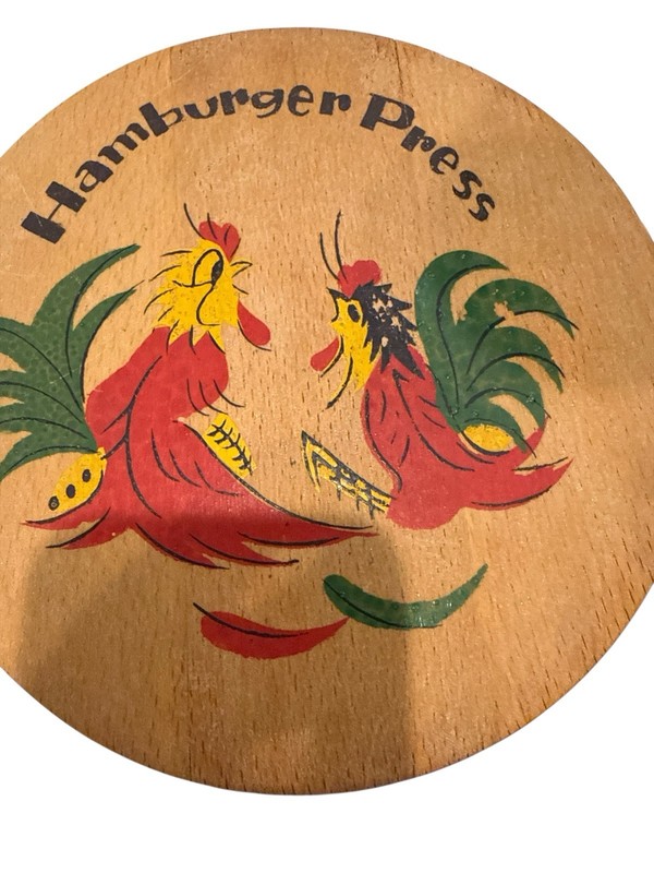 Wood Hamburger Round Press 7" Vintage Painted Roosters Hinged Primitive Decor gallery