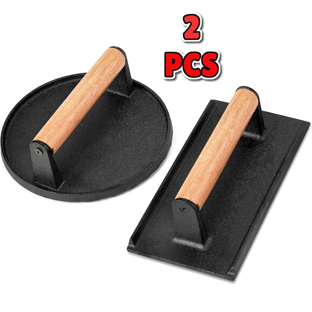 2 Pack Cast Iron Burger Press Smash Set Rectangle Round Griddle Bacon Tool