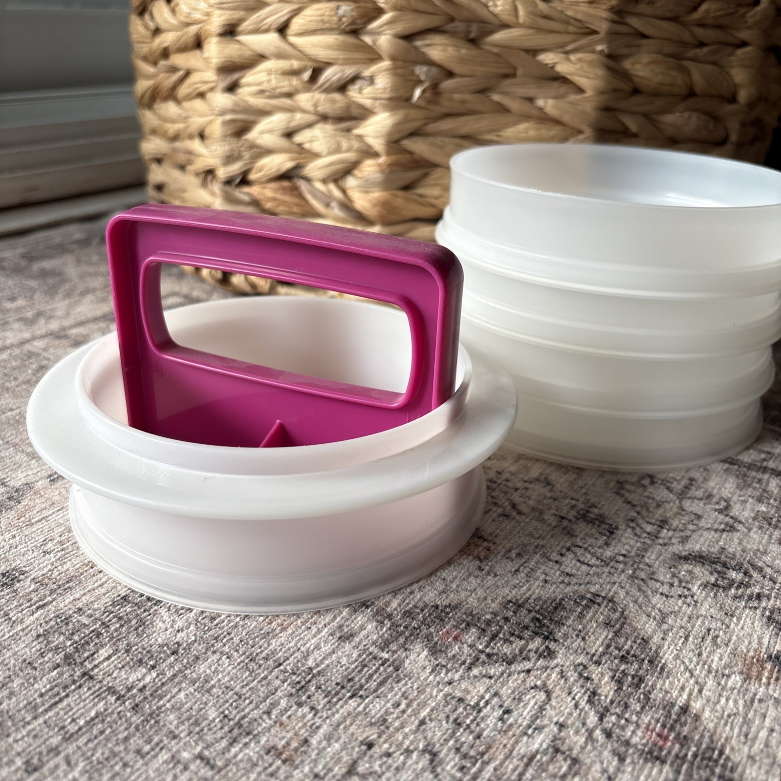Vintage Tupperware Large Hamburger Patty Press & 5 Keepers Fuchsia Pink No Lid gallery