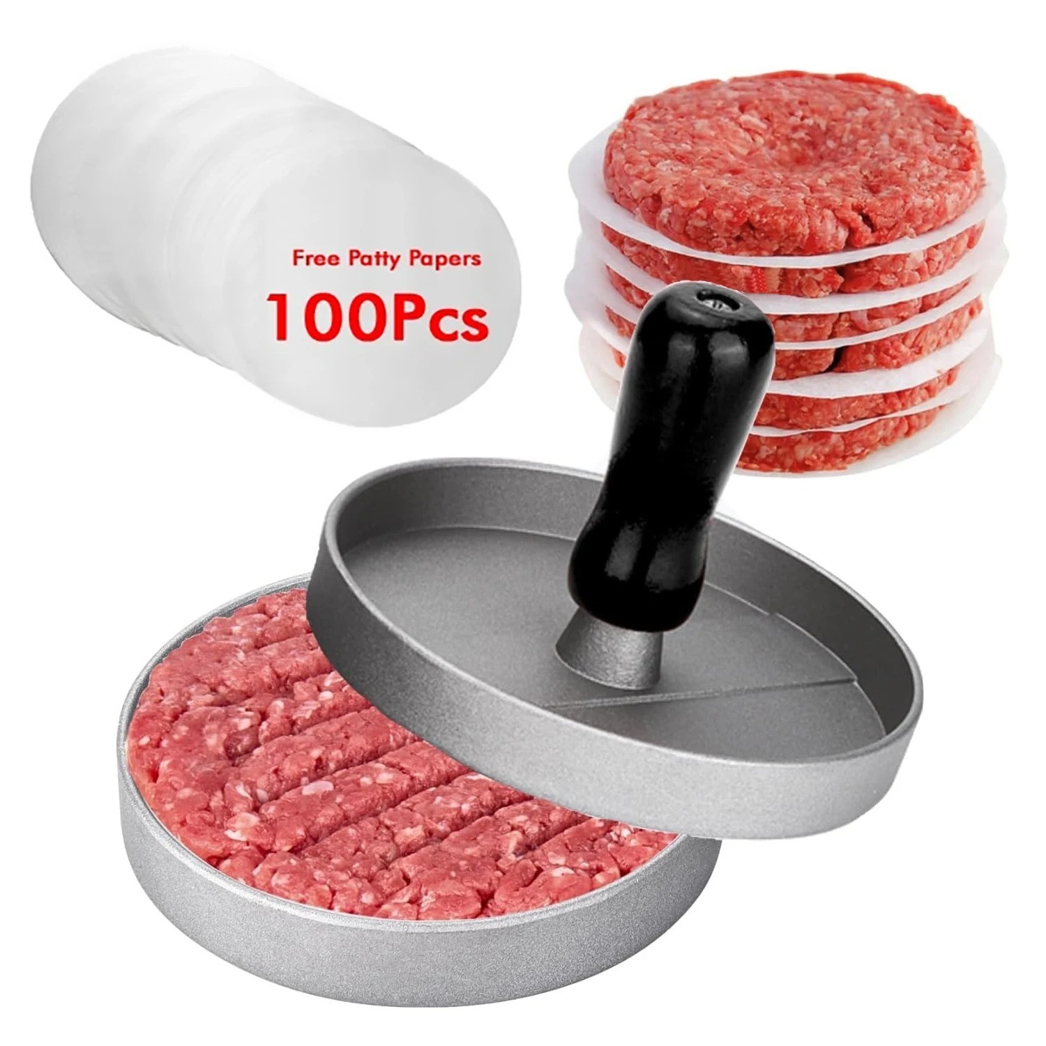 Burger Press Patty Maker Non-Stick Hamburger Mold with 100 Patty Papers DIY Kitc gallery