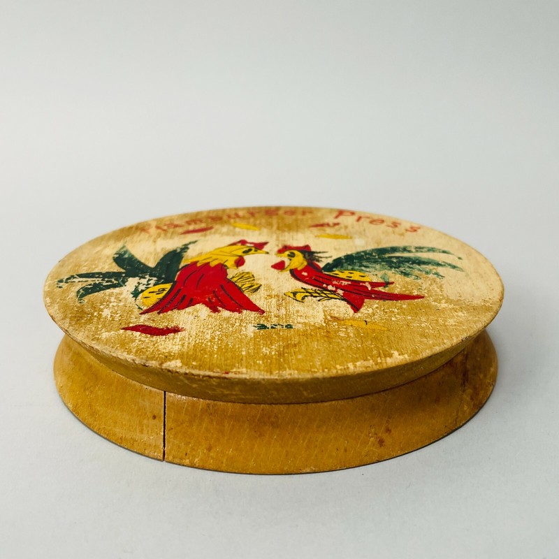 Vintage 50s 60s MCM Cragstan Hand Painted Roosters Wood Hamburger Press Japan gallery