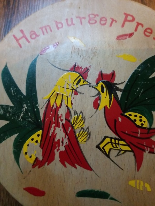 Vintage Fighting Rooster Hamburger Press Wooden Hand Painted Japan gallery