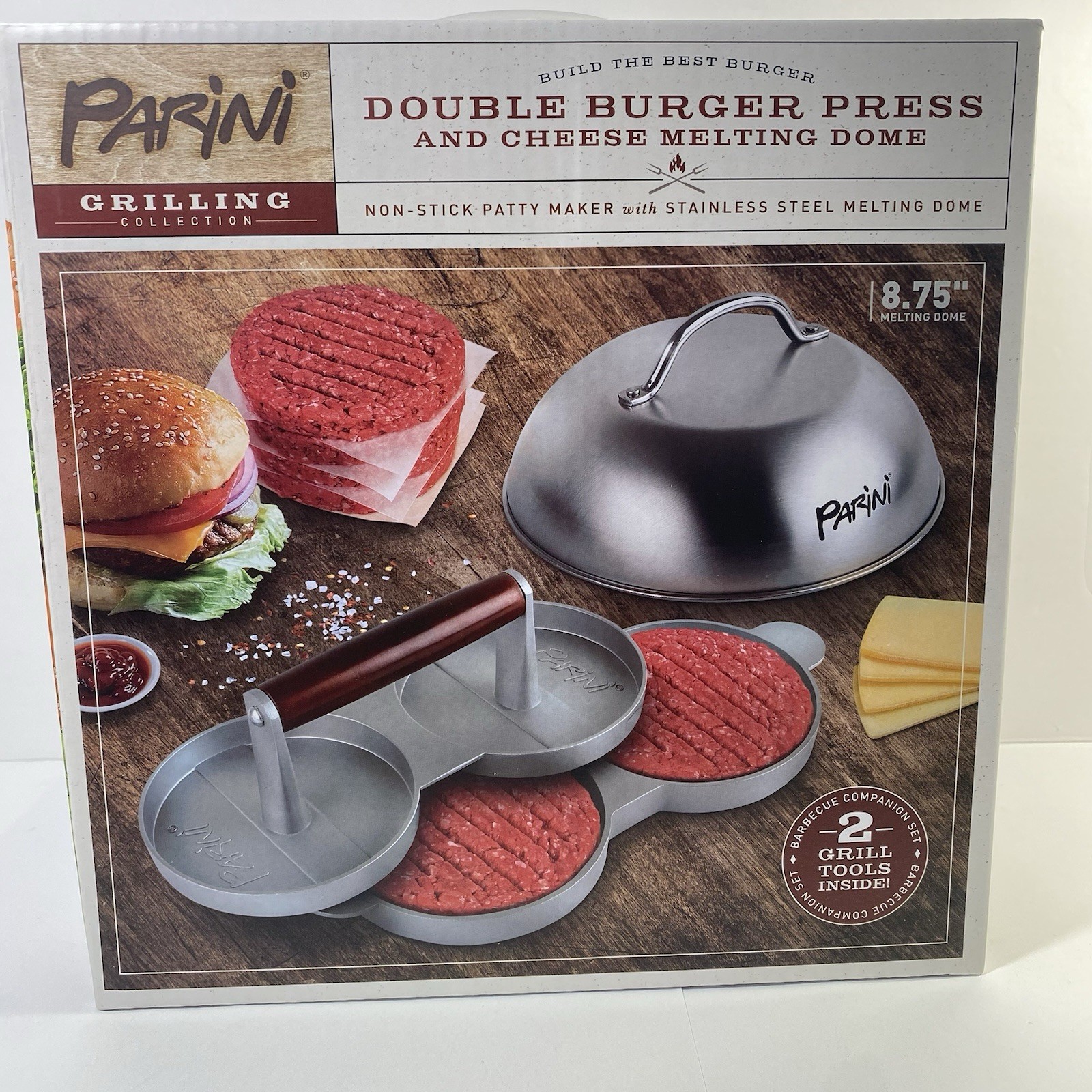 Double Non-Stick Burger Press & Cheese Melting Dome 8.75" NEW IN BOX Parini gallery