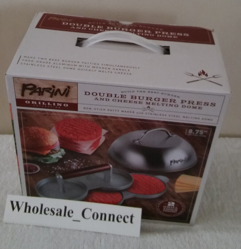 PARINI NON-STICK DOUBLE BURGER PRESS & CHEESE MELTING DOME 8.75" PATTY MAKER NEW gallery