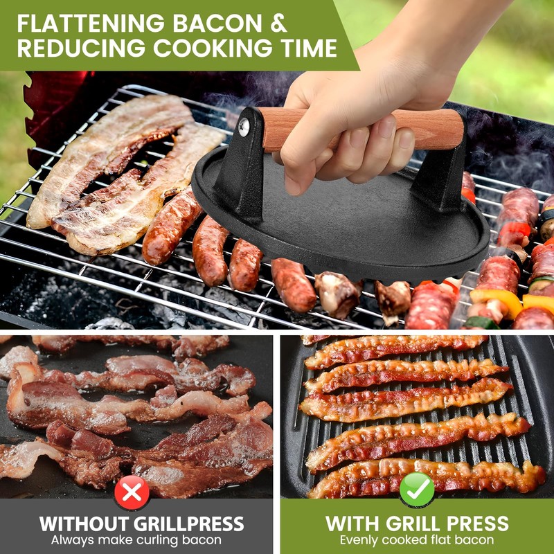Burger Press Set 7" Round Smash Burger Press & 8"x4" Rectangle Cast Iron Grill gallery