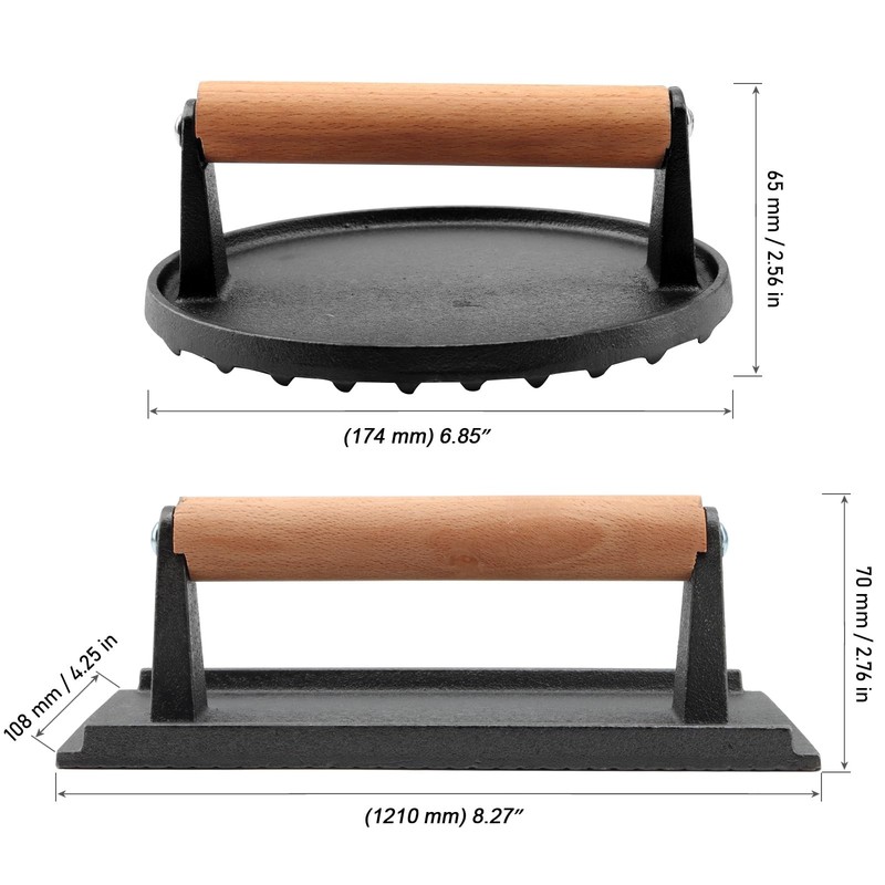 2 Pack Cast Iron Grill Press 6.8 Inch Round and 8 Inch Rectangle Heavy Weight gallery