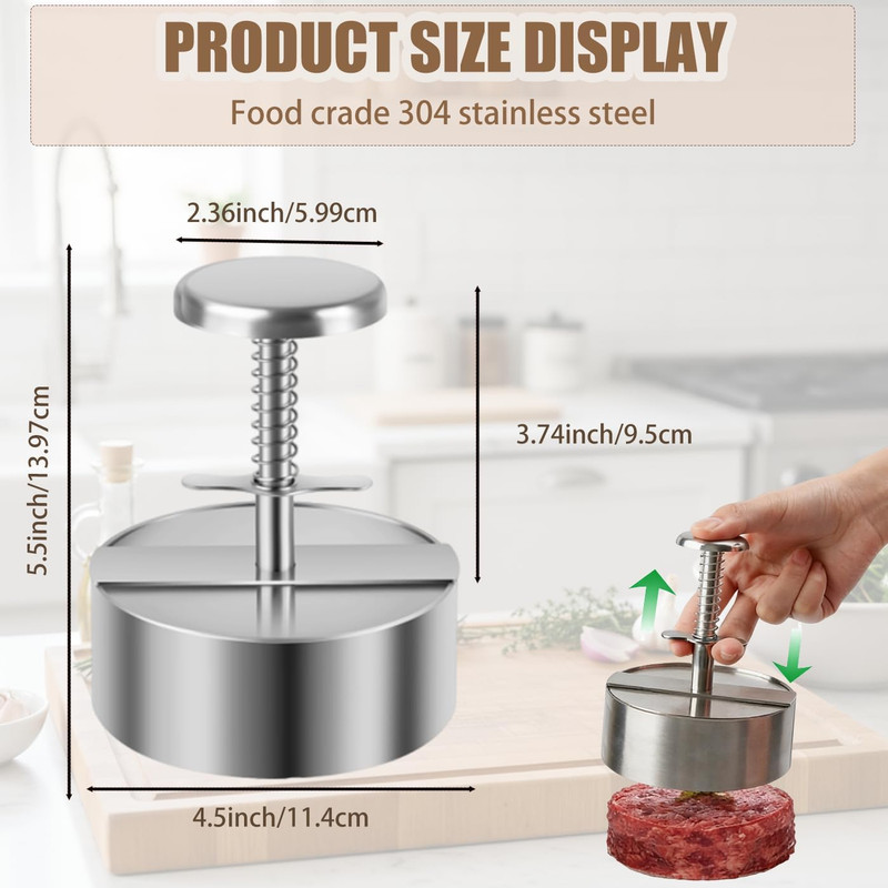 304 Stainless Steel Burger Press, 4.5 Inch Hamburger Patty Maker with Spring Bac gallery