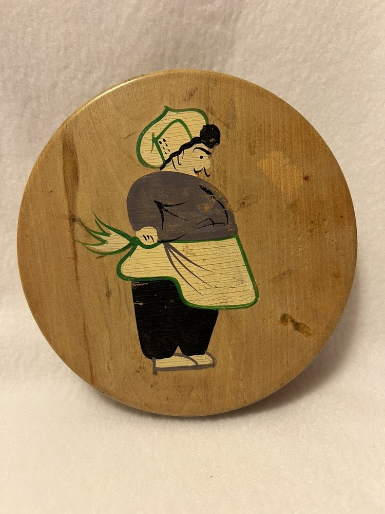 Vintage Wooden Hamburger Patty Press Hinged Lid Hand Painted Chef Japan