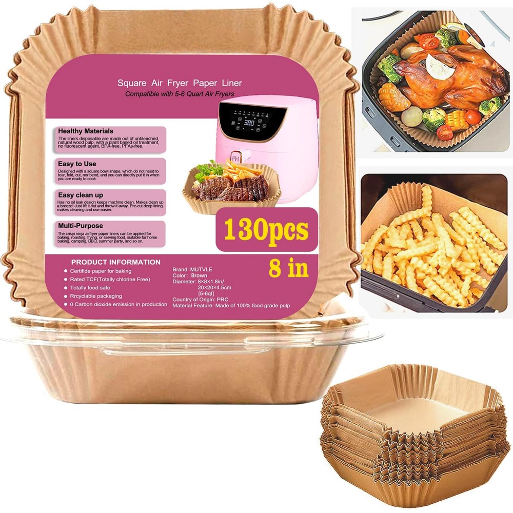 Air Fryer Liners for Pink Fryer, Paper 8" Square 130pcs, Natural