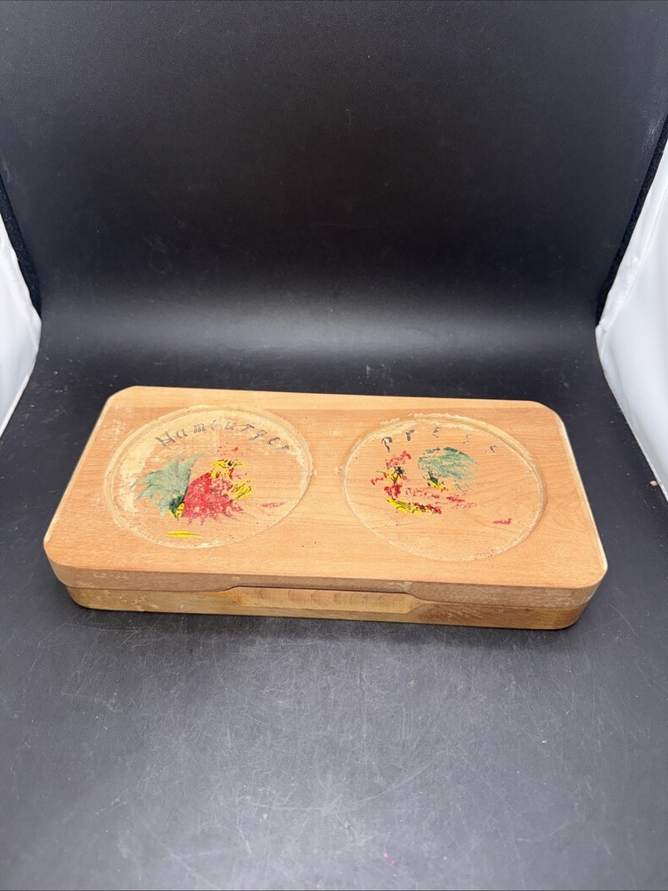 Vintage MCM Japanese Wooden Double Hamburger Press Rooster