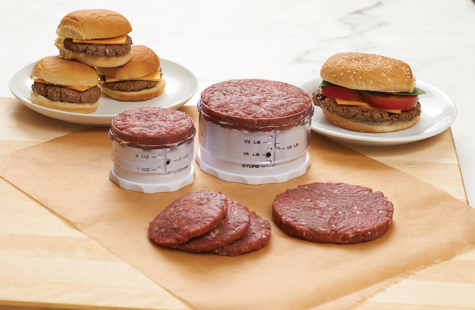 Adjust-A-BurgerÂ® PRESS SET, 4 PIECE SET MAKE BURGERS AND SLIDERS gallery