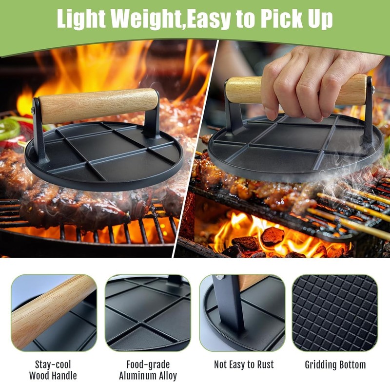 Burger Press, Smash Burger Press for Griddle with Wood Handle, Burger Smasher gallery
