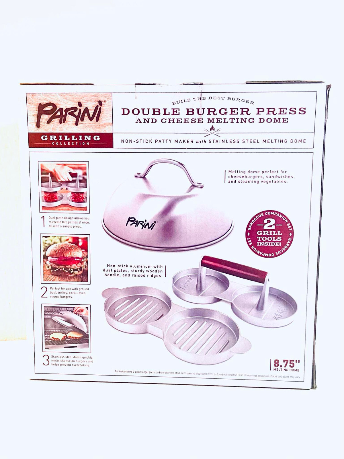 Parini Double Non-Stick Burger Press + Steel Cheese Melting Dome 8.75" - NIB gallery