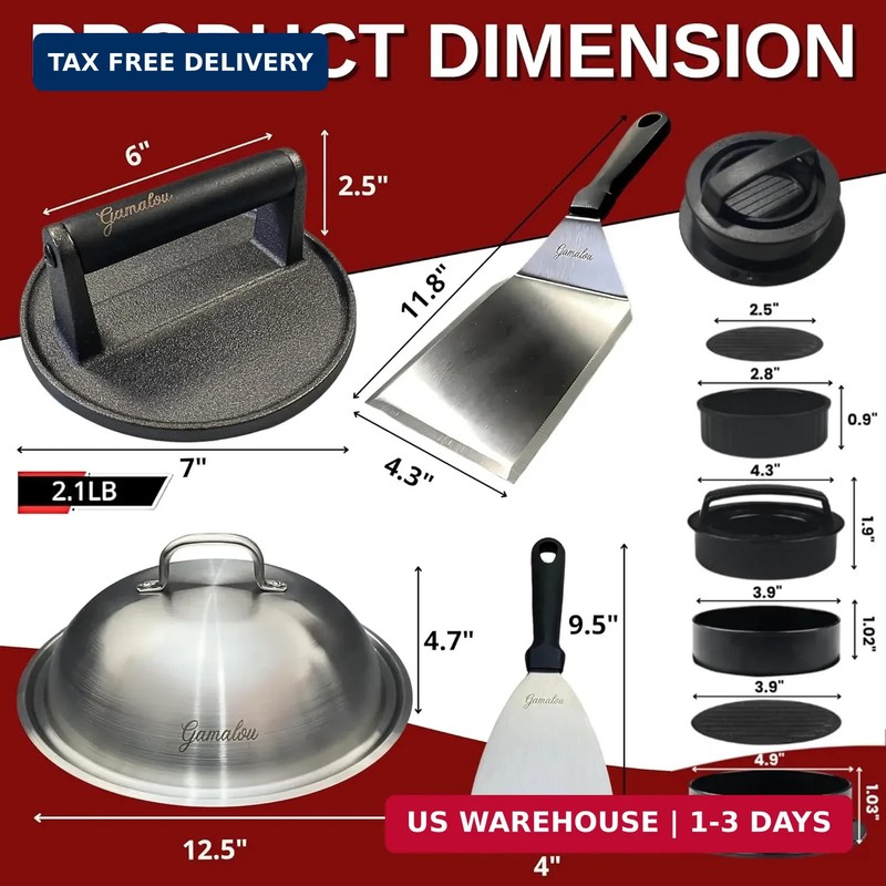 Gamalou® Smash Burger Press Kit: 7" Cast Iron Grill Press, 12" Melting Dome, 3-i gallery