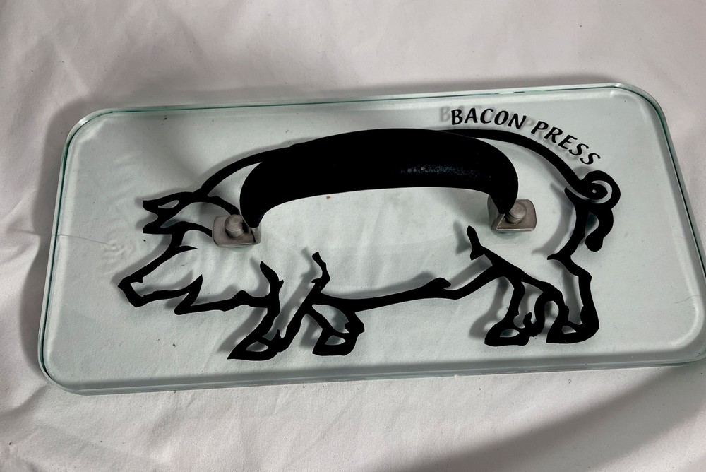 Prepology 2lb Glass Bacon Burger Press Pig Decal Gray Comfort Grip Handle Grill